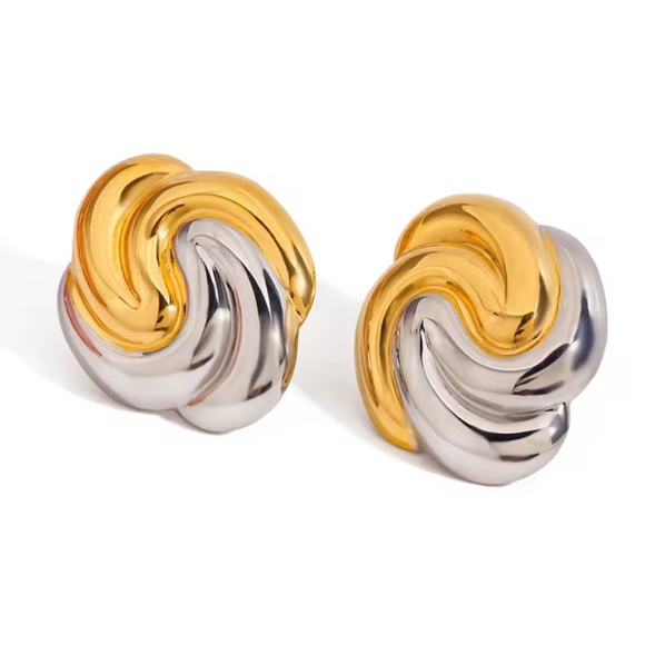 Gold and Silver Knot Earrings, Stainless Steel Two Tone Large Studs - Picture 1 of 3